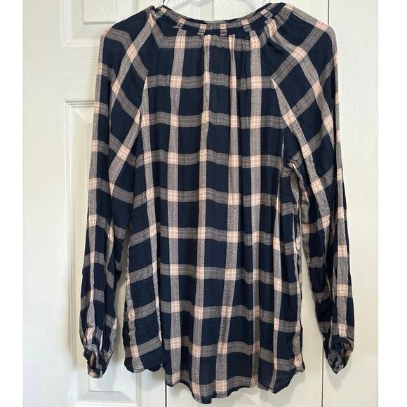 American Eagle NWT Navy Plaid Peasant Blouse XS – Boho Tassel Tie Long Sleeve - Picture 5 of 9